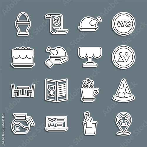 Set line Chef hat with location, Slice of pizza, Toilet, Roasted turkey or chicken, Cake, Chicken egg stand and Wooden table icon. Vector