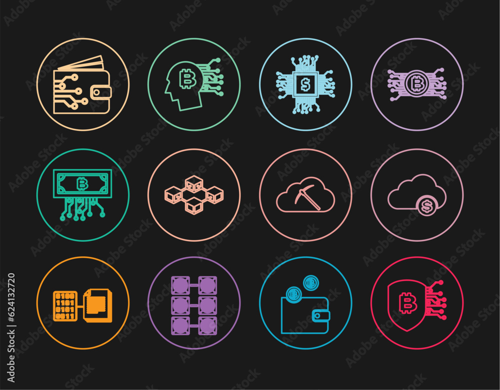 Set line Shield with bitcoin, Cryptocurrency cloud mining, Processor chip dollar, Blockchain technology, circuit, wallet, and Bitcoin think icon. Vector Set line Shield with bitcoin, Cryptocurrency cloud mining, Processor chip dollar, Blockchain technology, circuit, wallet, and Bitcoin think icon. Vector