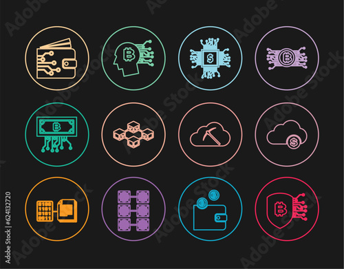 Set line Shield with bitcoin, Cryptocurrency cloud mining, Processor chip dollar, Blockchain technology, circuit, wallet, and Bitcoin think icon. Vector