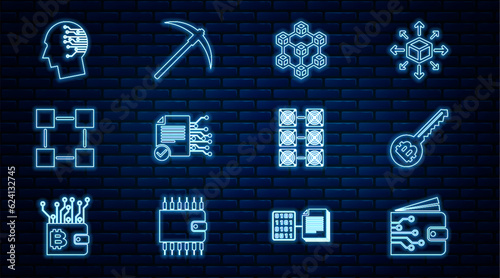 Set line Cryptocurrency wallet, key, Blockchain technology, Smart contract, Brain as digital circuit board, Mining farm and Pickaxe icon. Vector