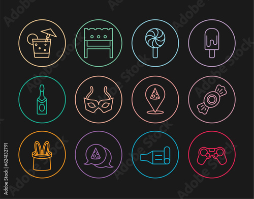 Set line Gamepad, Candy, Lollipop, Festive mask, Champagne bottle, Cocktail, Slice of pizza and BBQ brazier icon. Vector
