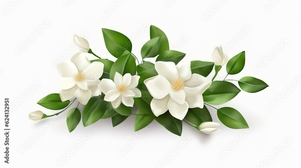 Obraz premium Jasmine flowers with leaves isolated. Generative Ai