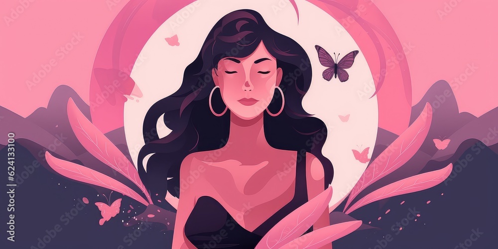 Generative AI. Beauty and Women's day concept. Vector illustration of woman and nature. Oversize models concept. Pink woman's background. Women's Cancer awareness concept. 