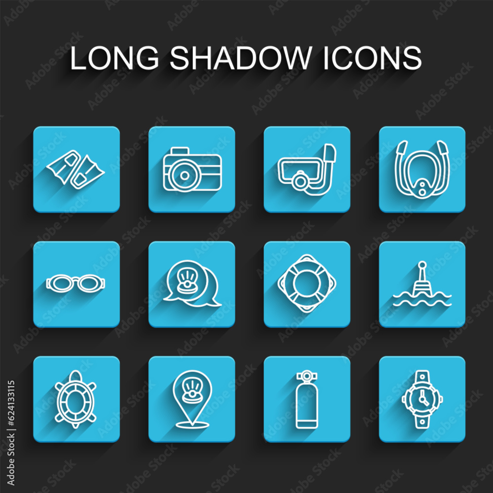 Set line Turtle, Scallop sea shell, Flippers for swimming, Aqualung, Diving watch, Floating buoy and Lifebuoy icon. Vector Set line Turtle, Scallop sea shell, Flippers for swimming, Aqualung, Diving watch, Floating buoy and Lifebuoy icon. Vector