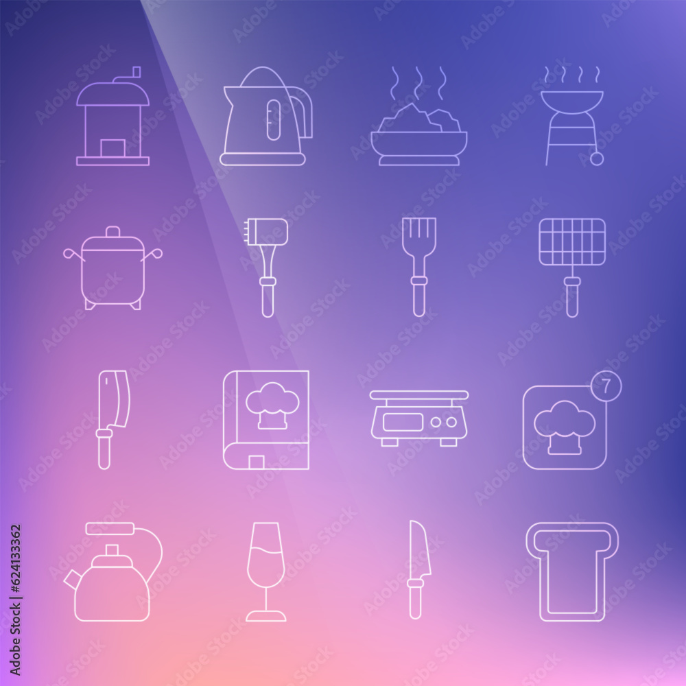 Set line Bread toast, Chef hat, Barbecue steel grid, Bowl of hot soup, Kitchen hammer, Cooking pot, Manual coffee grinder and Fork icon. Vector Set line Bread toast, Chef hat, Barbecue steel grid, Bowl of hot soup, Kitchen hammer, Cooking pot, Manual coffee grinder and Fork icon. Vector