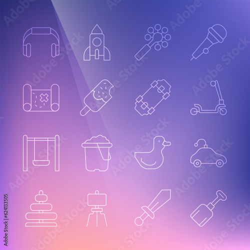 Set line Shovel toy, Radio controlled car, Roller scooter, Rattle baby, Ice cream, Pirate treasure map, Headphones and Skateboard icon. Vector