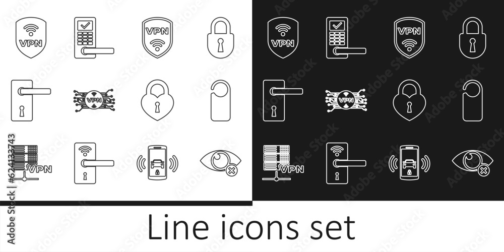 Set line Invisible or hide, Please do not disturb, Shield with VPN wireless, microchip circuit, Door handle, Castle in the shape of heart and Digital door lock icon. Vector Set line Invisible or hide, Please do not disturb, Shield with VPN wireless, microchip circuit, Door handle, Castle in the shape of heart and Digital door lock icon. Vector
