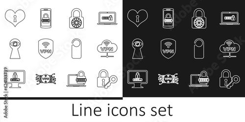 Set line Lock and key, VPN Network cloud connection, Safe combination lock wheel, Shield with wireless, Keyhole eye, Heart keyhole, Please do not disturb and Mobile password icon. Vector