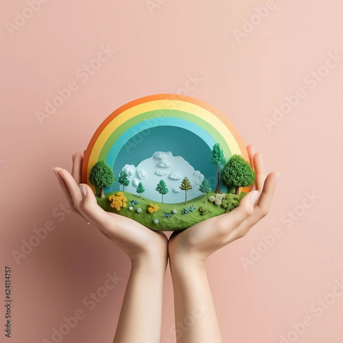 Happy holidays, time to relax, travel or Creative design world environment day, Green ecology concept, earth day, human hand holding a small world and rainbow. Generative ai.