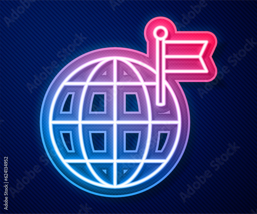 Glowing neon line Planet with flag icon isolated on blue background. Victory, winning and conquer adversity concept. Vector