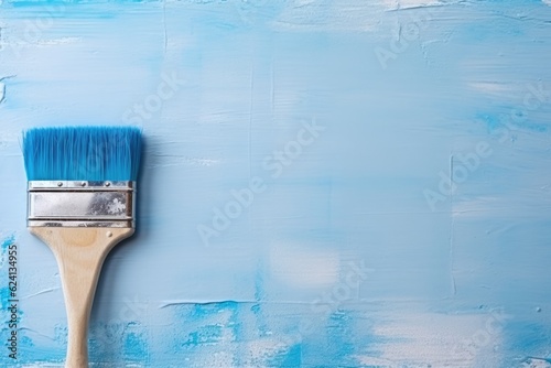 Male hand painting wall with paint roller with blue color.  Generative Ai.