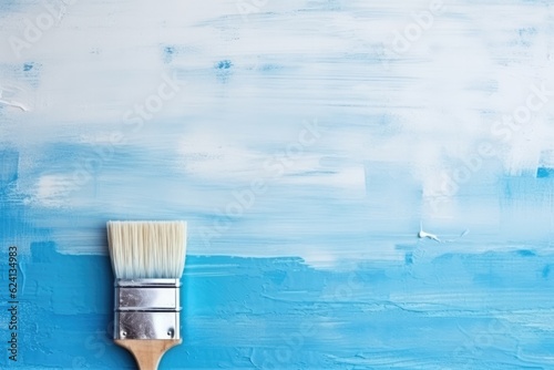 Male hand painting wall with paint roller with blue color. Generative Ai.