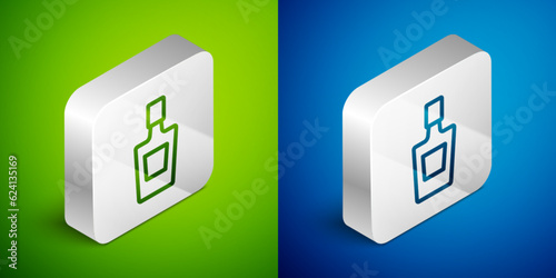 Isometric line Tequila bottle icon isolated on green and blue background. Mexican alcohol drink. Silver square button. Vector