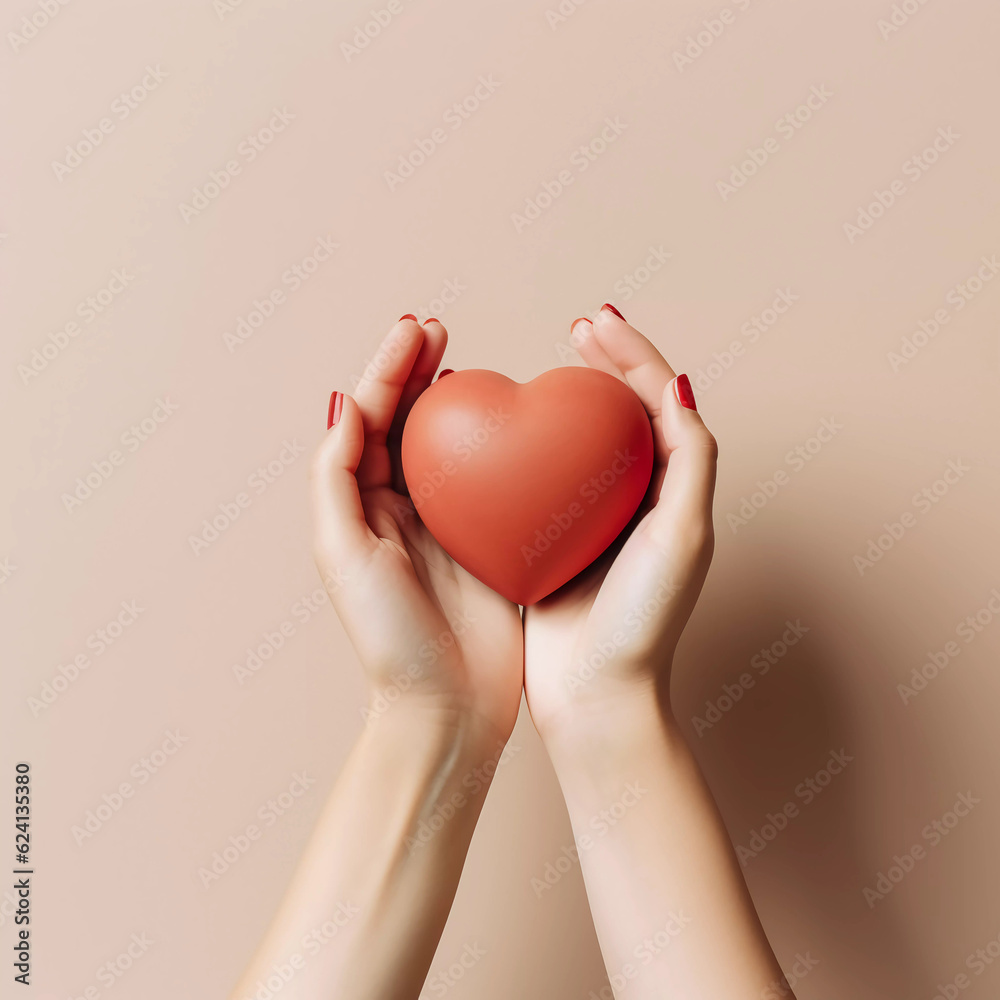 Woman hands holding red heart, Happiness moment, Health care, donate and family insurance concept, World heart day, world health day, Hope, Gratitude, Kindness, Valentine's Day. Generative AI.