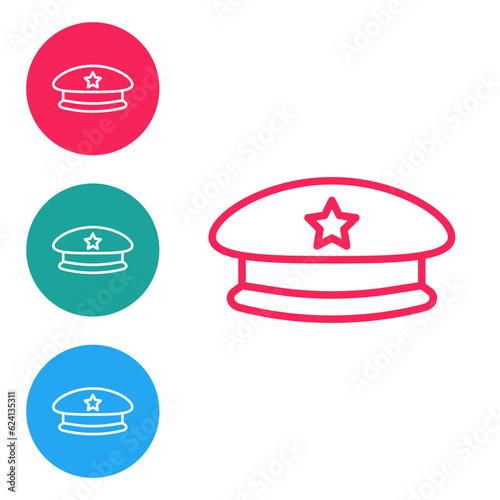 Red line Military beret icon isolated on white background. Soldiers cap. Army hat. War baret. Set icons in circle buttons. Vector