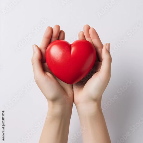 Woman hands holding red heart, Happiness moment, Health care, donate and family insurance concept, World heart day, world health day, Hope, Gratitude, Kindness, Valentine's Day. Generative AI.