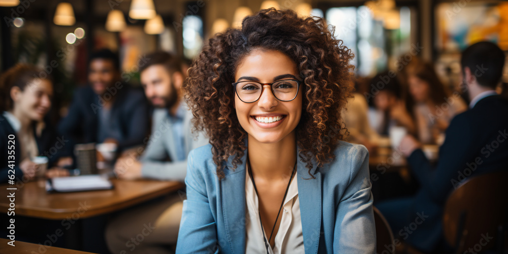 Attractive african young confident businesswoman sitting at the office table with group of colleagues in the background Attractive african young confident businesswoman sitting at the office table with group of colleagues in the background