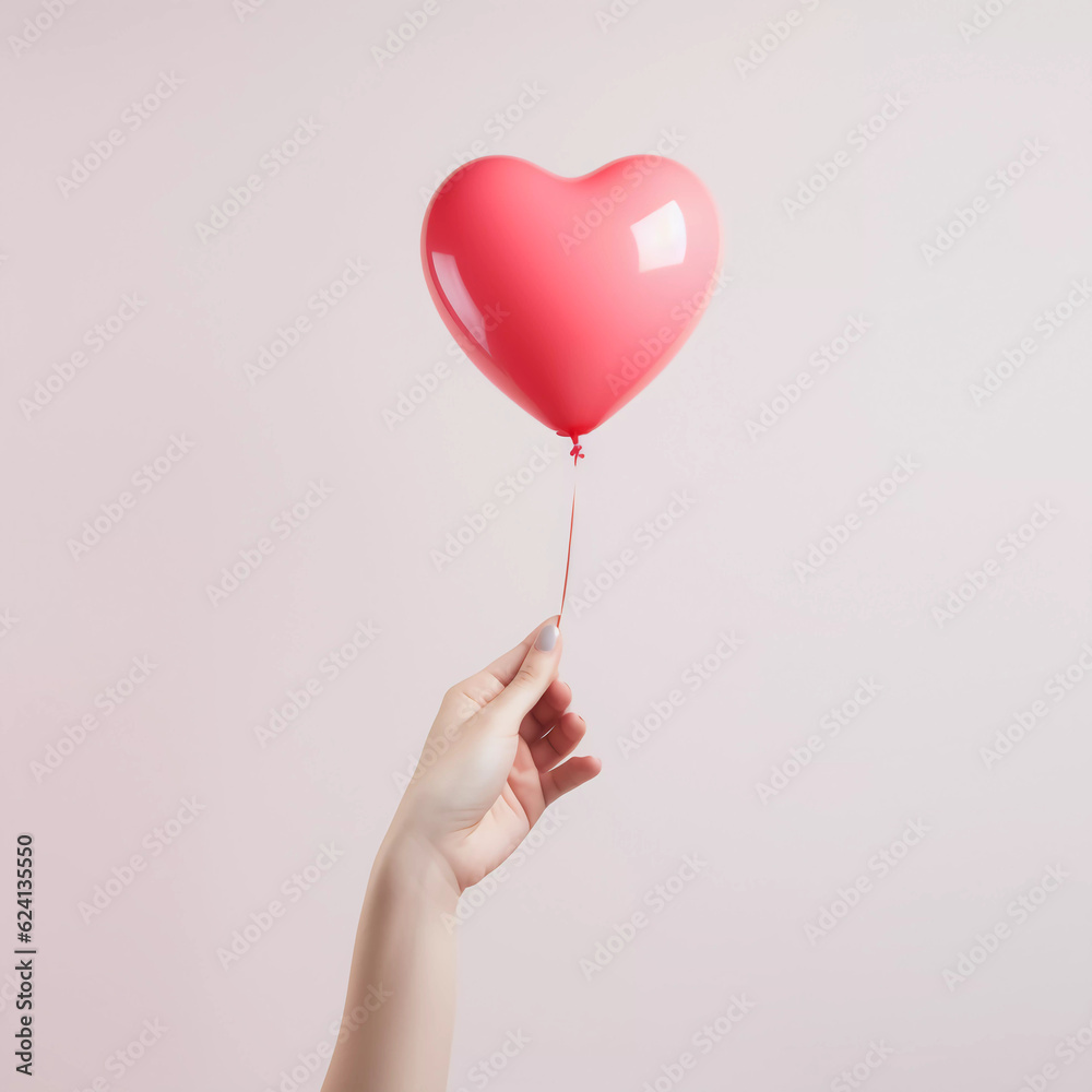Woman hand holding red heart balloon, Happiness moment, Health care, donate and family insurance concept, World heart day, world health day, Hope, Gratitude, Kindness, Valentine's Day. Generative AI.