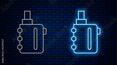Glowing neon line Electronic cigarette icon isolated on brick wall background. Vape smoking tool. Vaporizer Device. Vector