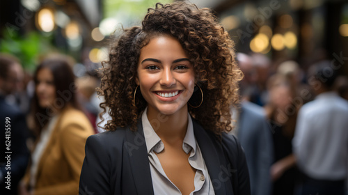 Attractive african young confident businesswoman with group of colleagues in the background