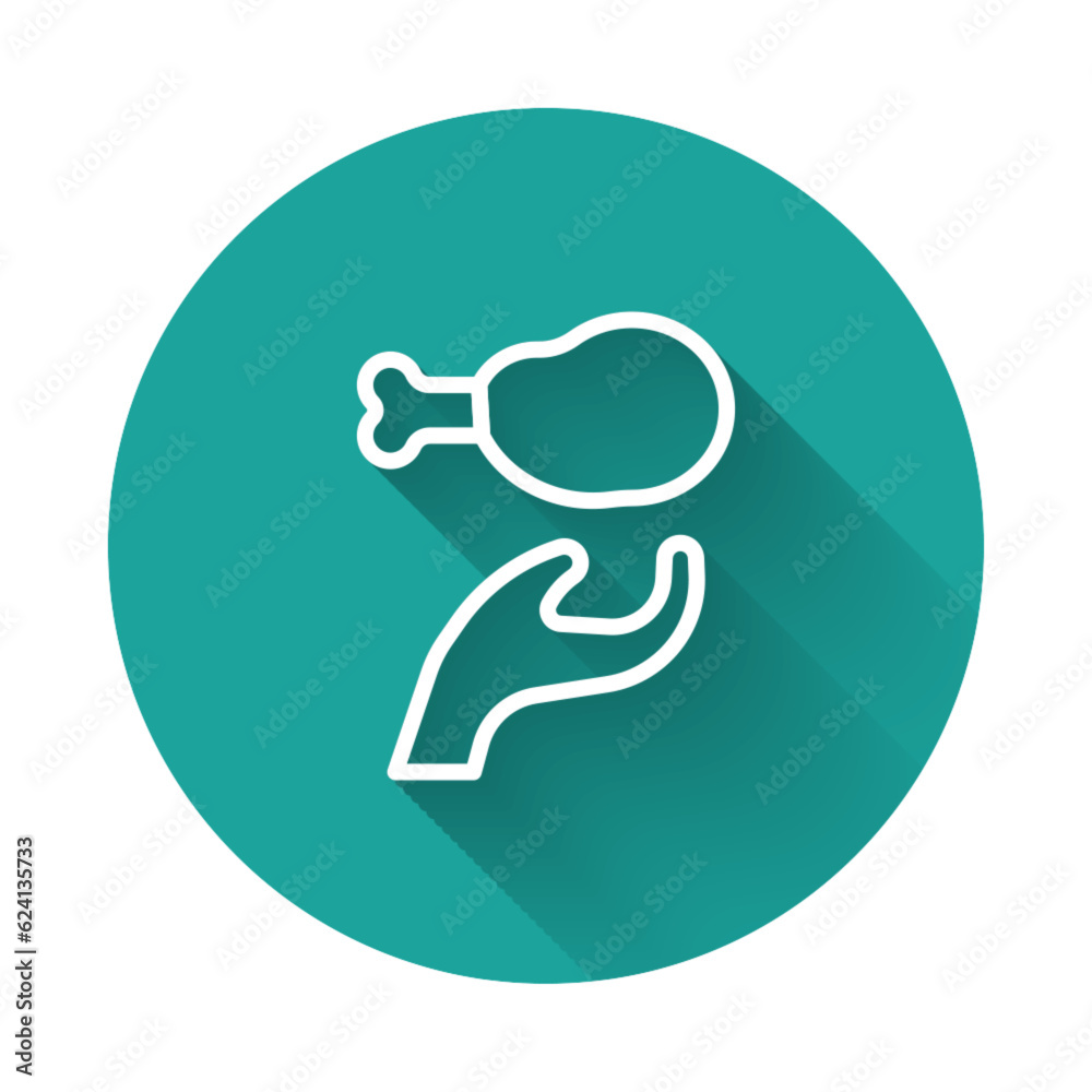White line Donation food icon isolated with long shadow background. Green circle button. Vector