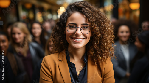 Attractive african young confident businesswoman with group of colleagues in the background