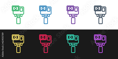 Set line Action extreme camera icon isolated on black and white background. Video camera equipment for filming extreme sports. Vector