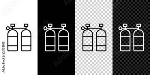 Set line Aqualung icon isolated on black and white, transparent background. Oxygen tank for diver. Diving equipment. Extreme sport. Diving underwater equipment. Vector