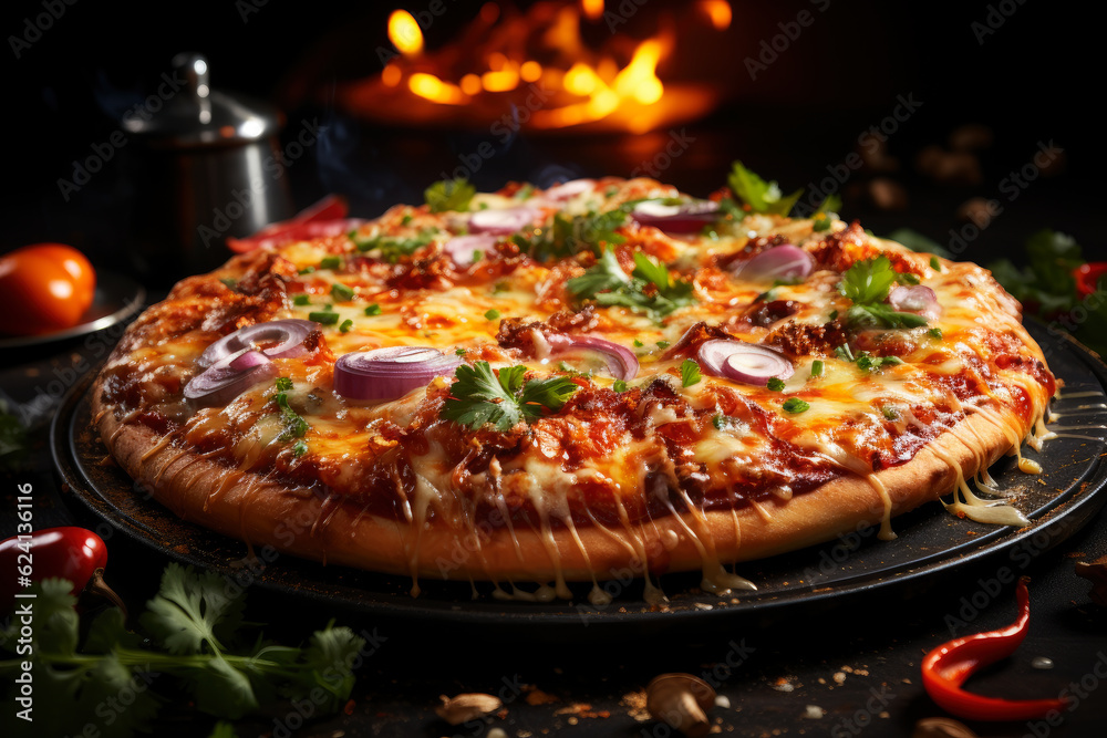 Hot tasty traditional italian pizza with meat and vegetables with smoke and fire, AI Generated