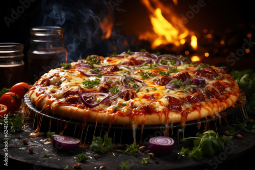 Hot tasty traditional italian pizza with meat and vegetables with smoke and fire, AI Generated