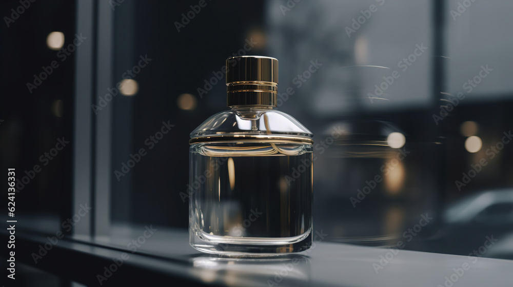 Perfume bottle in a minimalist style on a shop window. AI generation Perfume bottle in a minimalist style on a shop window. AI generation