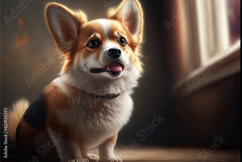 Corgi dog standing indoors. Ultra-realistic portrait.