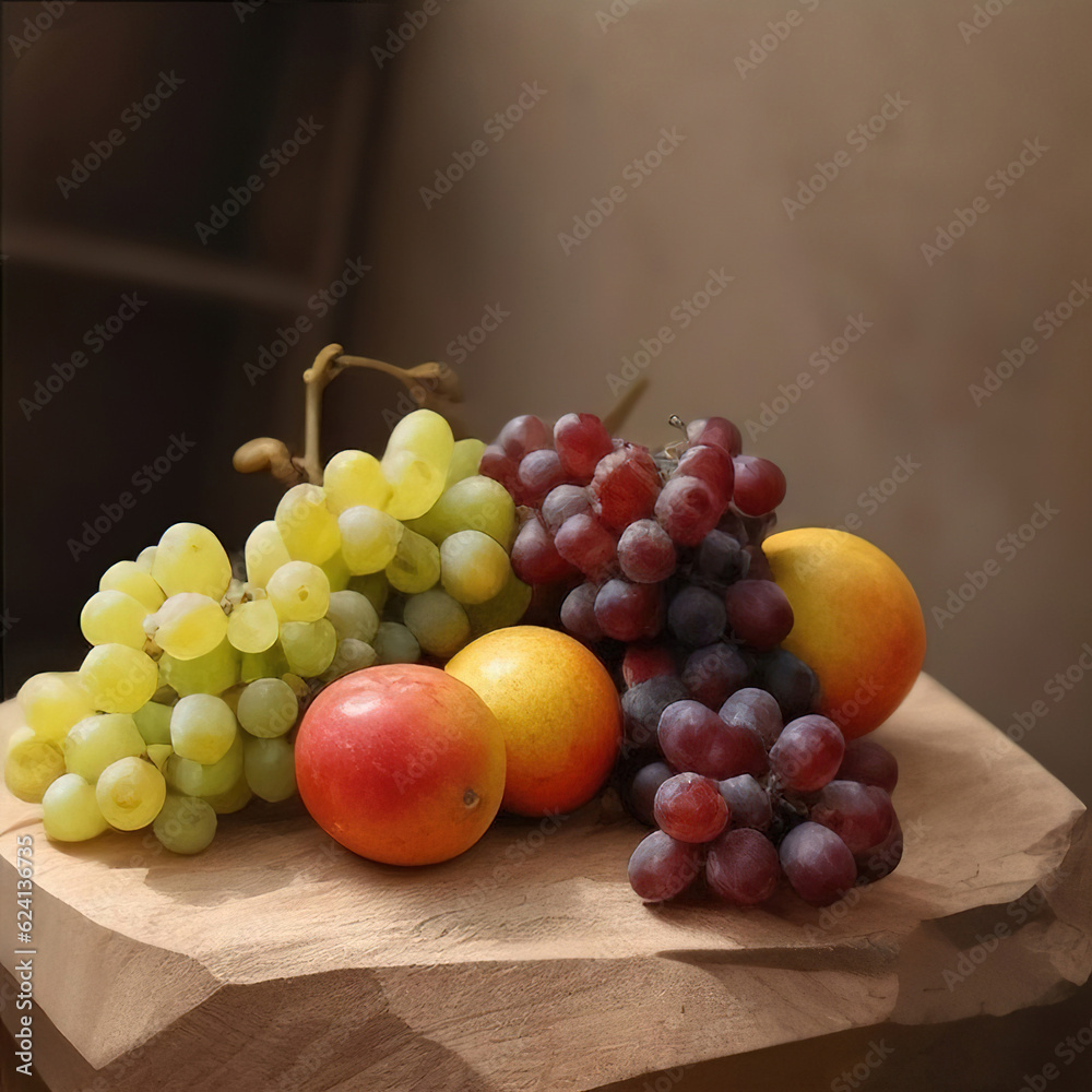 Grapes and apples  in the kichen on the table.