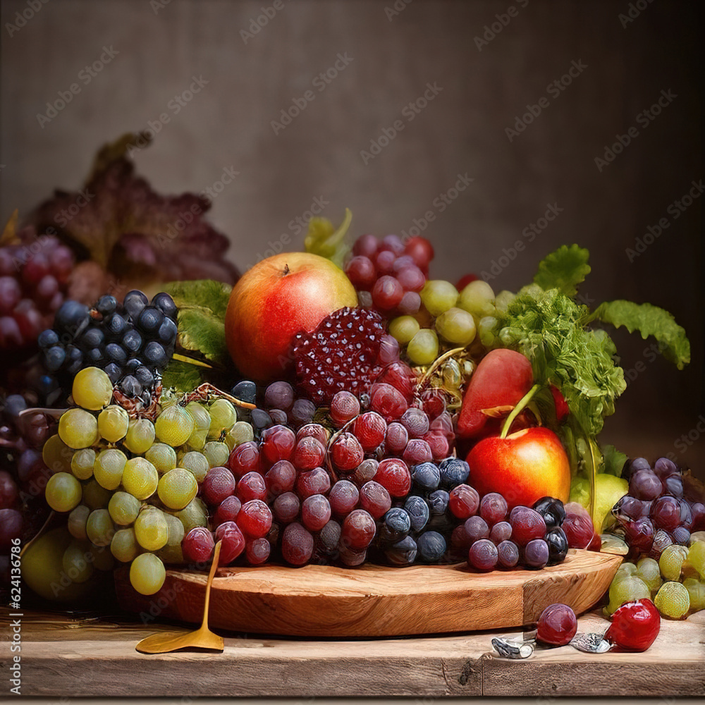 Grapes and apples on the chopping board in the kitchen. Grapes and apples on the chopping board in the kitchen.
