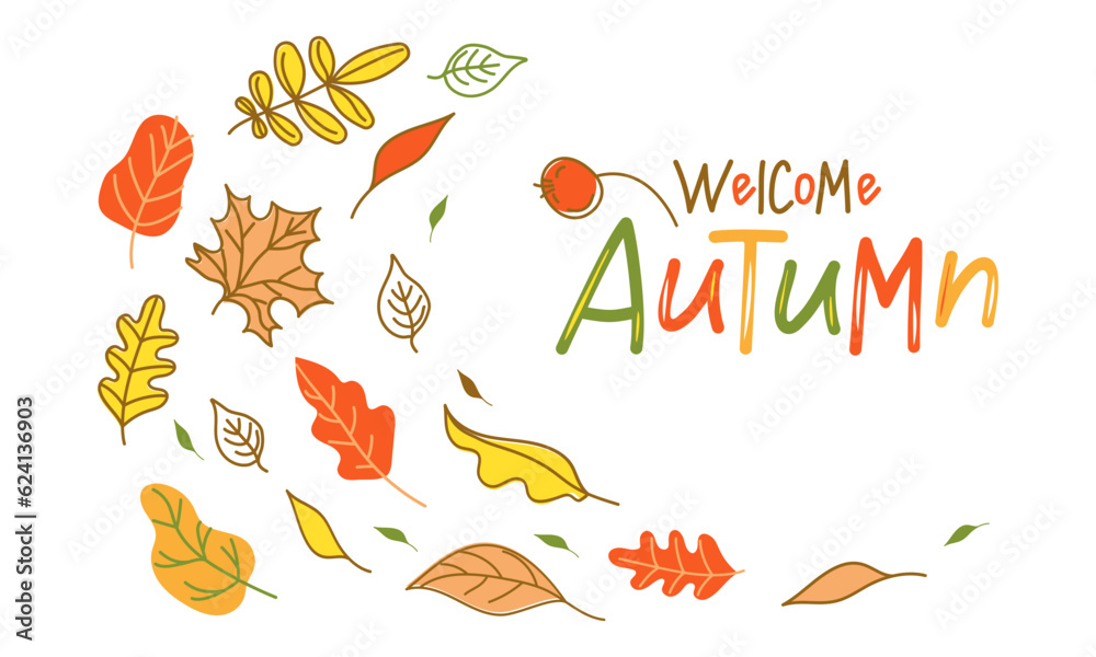Banner with the inscription Hello Autumn, natural background with flying leaves. A set of autumn leaves. Text.  Harvest Celebration. Leaffall. Doodle style drawings. White isolated background.