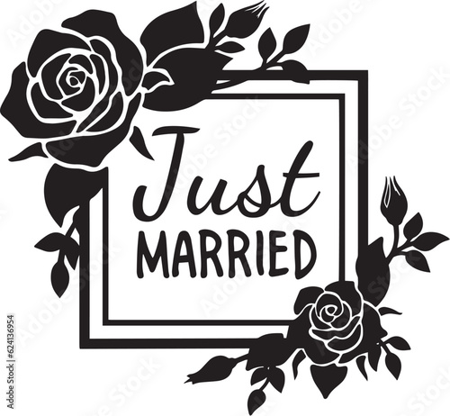just married lettering in rose frame vector illustration logo