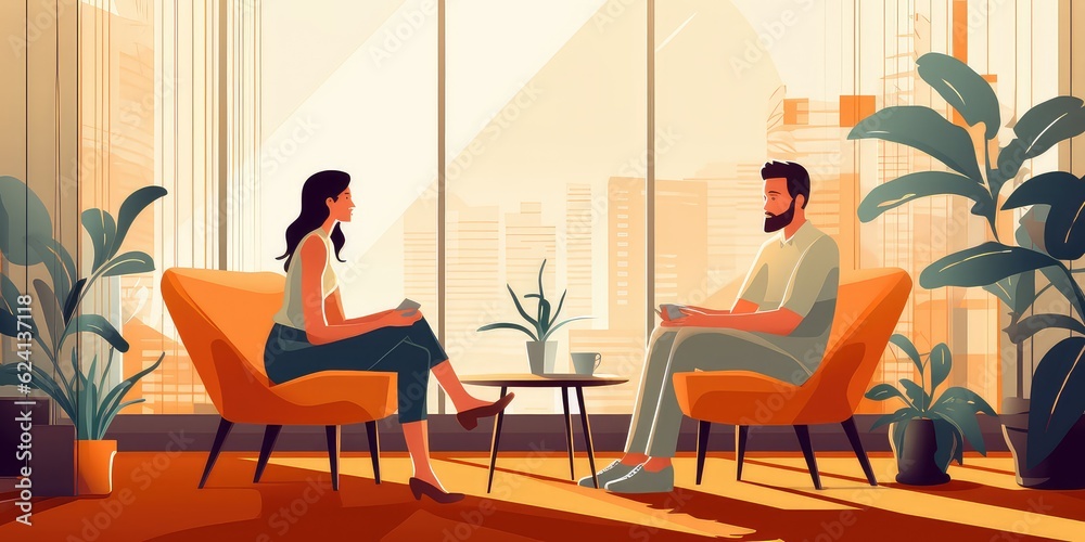 Generative AI. Vector illustration of depressed client in the clinic talking to the psychologist. Psychological Therapy concept. Generative AI. Vector illustration of depressed client in the clinic talking to the psychologist. Psychological Therapy concept.