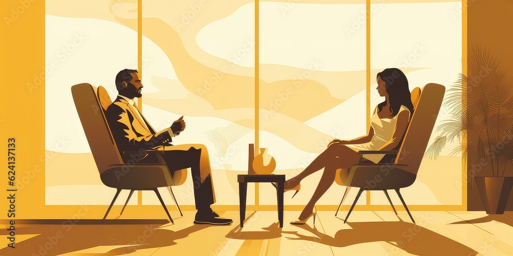 Generative AI. Vector illustration of depressed client in the clinic talking to the psychologist. Psychological Therapy concept. Generative AI. Vector illustration of depressed client in the clinic talking to the psychologist. Psychological Therapy concept.
