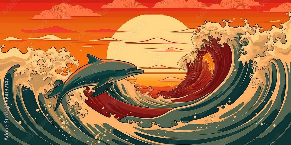 Generative AI. Vector illustration of the sea and dolphin at sunset. Holiday concept. 