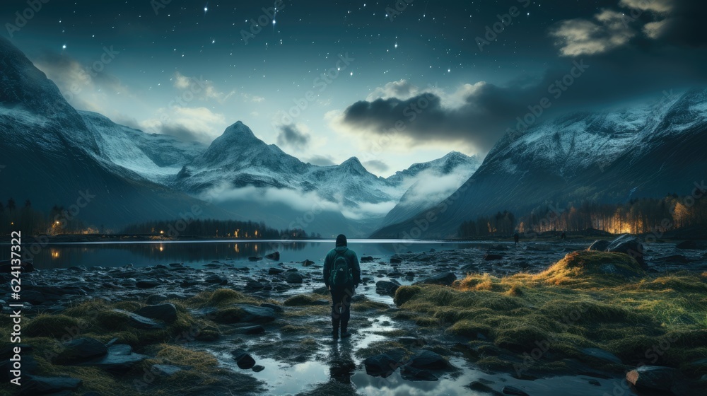 a man standing in nature surrounded by mountain, lake and aurora light