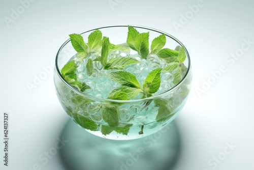 glass of water with green leaf