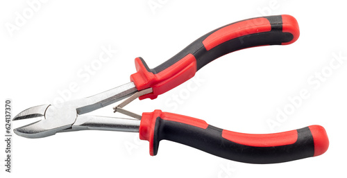 Wire cutter pliers with red and black handles isolated photo