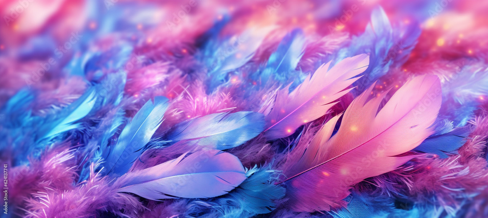 Art abstract background festive celebratory. Drop water, sequins and stars on feather blue and pink colors