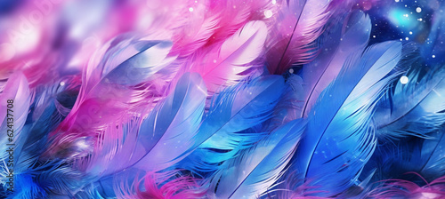 Art abstract background festive celebratory. Drop water  sequins and stars on feather blue and pink colors