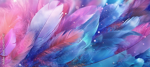 Art abstract background festive celebratory. Drop water, sequins and stars on feather blue and pink colors