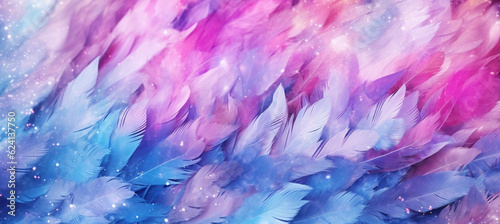 Art abstract background festive celebratory. Drop water, sequins and stars on feather blue and pink colors