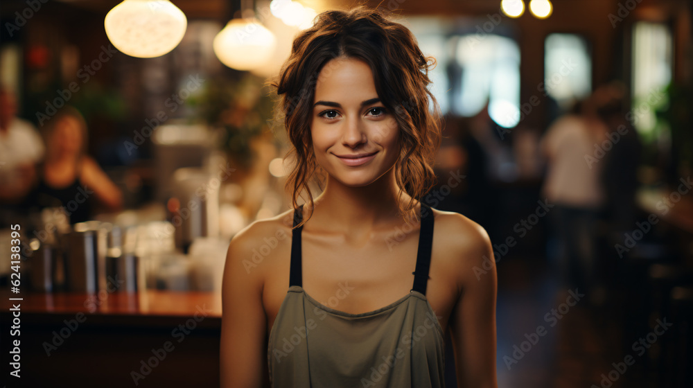 Portrait of happy woman standing at her store. Cheerful mature waitress waiting for clients at coffee shop. Successful small business owner