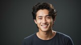 Men's skin care grooming life, asian young man smiling as he shows his beautiful radiant skin in a studio. generative AI
