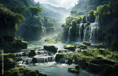 Bello paisaje con gran vegetacion verde, niebla y cascadas. ilustracion de IA generativa
