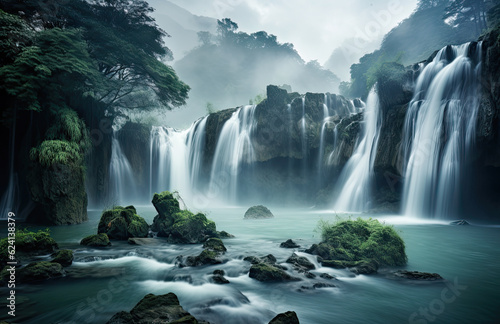 Bello paisaje con gran vegetacion verde, niebla y cascadas. ilustracion de IA generativa